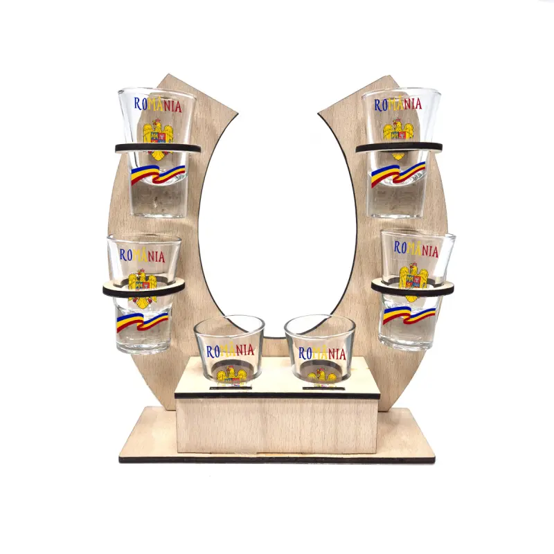 Stema romania, suport potcoava din lemn cu 6 pahare tip shout, model hgs054